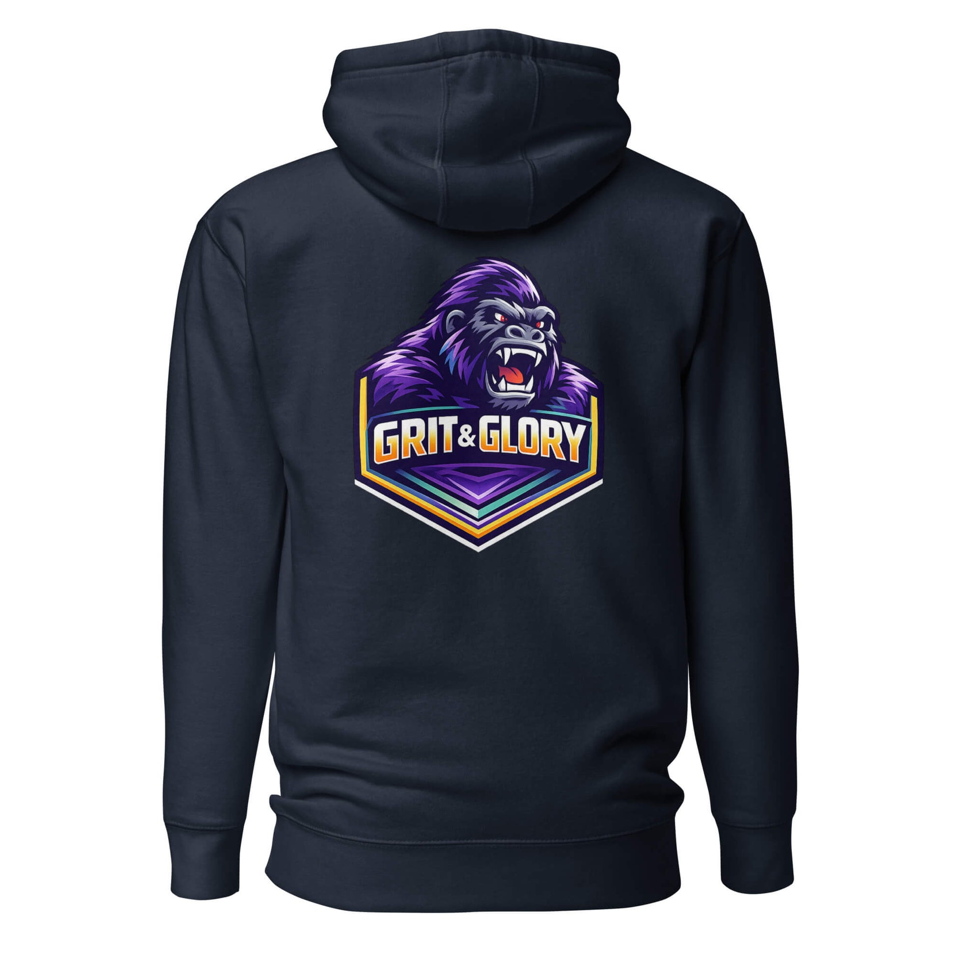 Hoodie GRIT & GLORY bleu marine visuel coloré dos et logo blanc face Mindset Ambition
