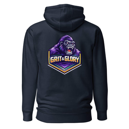 Hoodie GRIT & GLORY bleu marine visuel coloré dos et logo blanc face Mindset Ambition