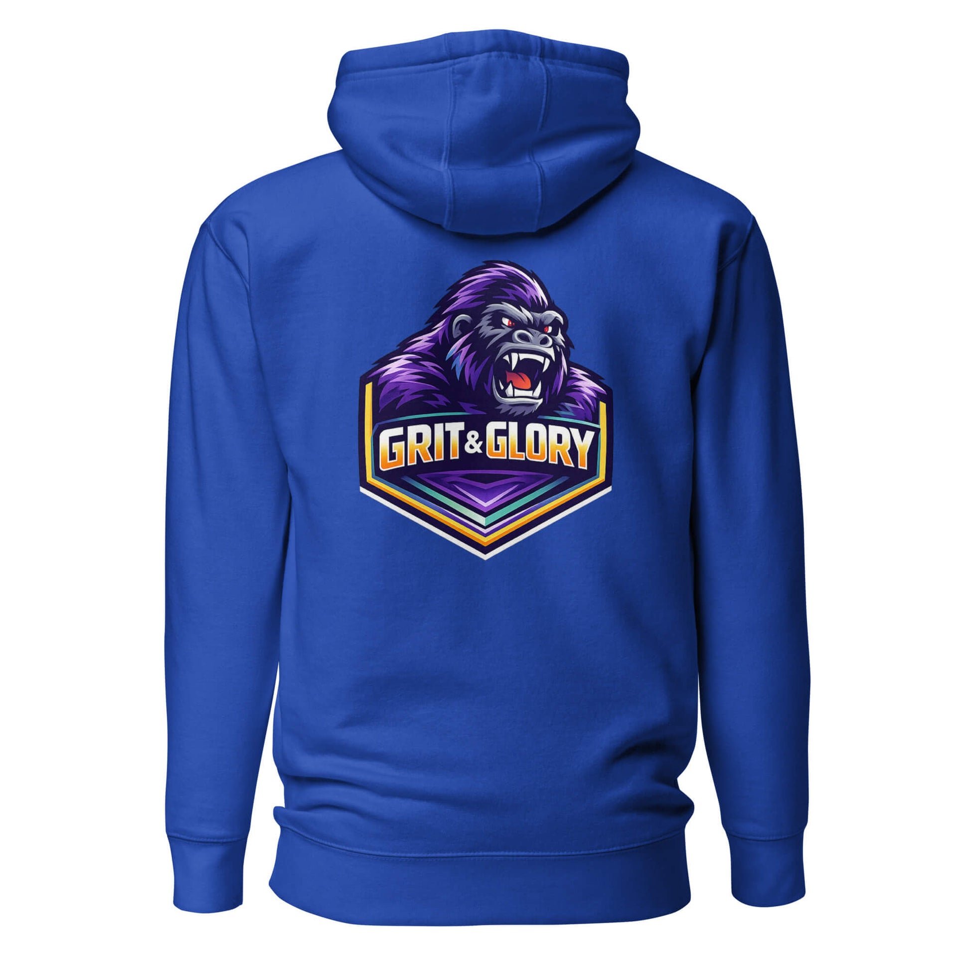 Hoodie GRIT & GLORY bleu roi visuel coloré dos et logo blanc face Mindset Ambition