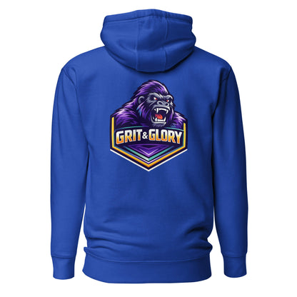 Hoodie GRIT & GLORY bleu roi visuel coloré dos et logo blanc face Mindset Ambition