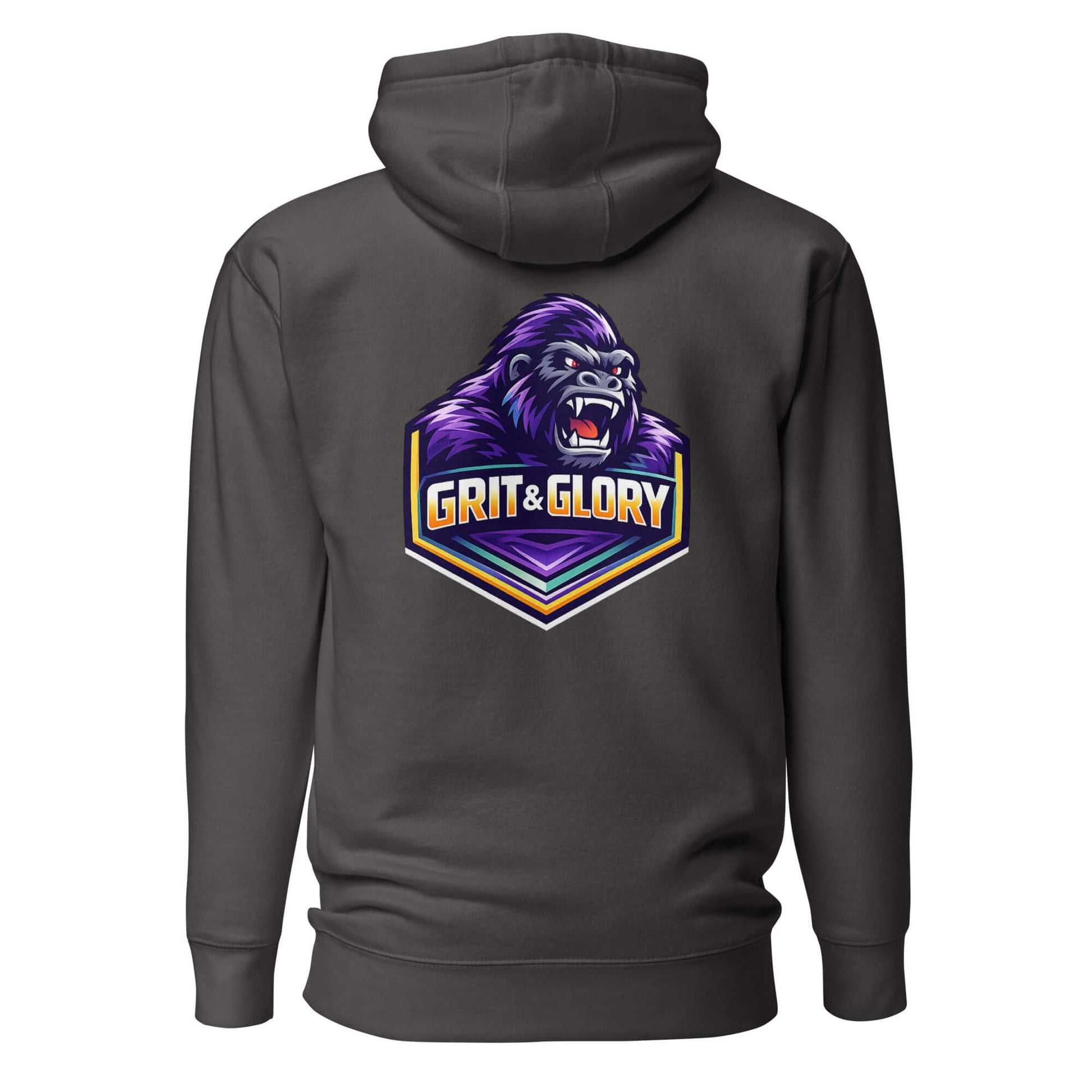 Hoodie GRIT & GLORY gris anthracite visuel coloré dos et logo blanc face Mindset Ambition