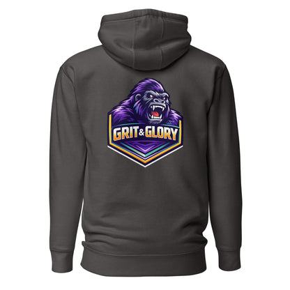 Hoodie GRIT & GLORY gris anthracite visuel coloré dos et logo blanc face Mindset Ambition