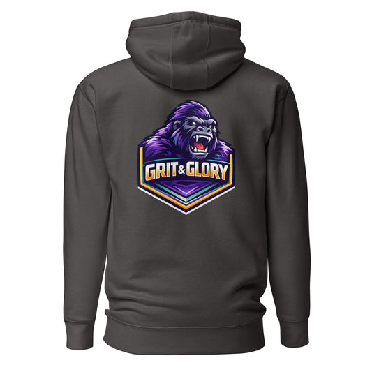 Hoodie GRIT & GLORY gris anthracite visuel coloré dos et logo blanc face Mindset Ambition