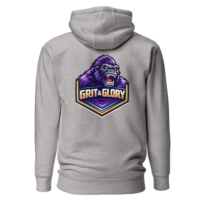 Hoodie GRIT & GLORY gris chiné visuel coloré dos et logo noir face Mindset Ambition