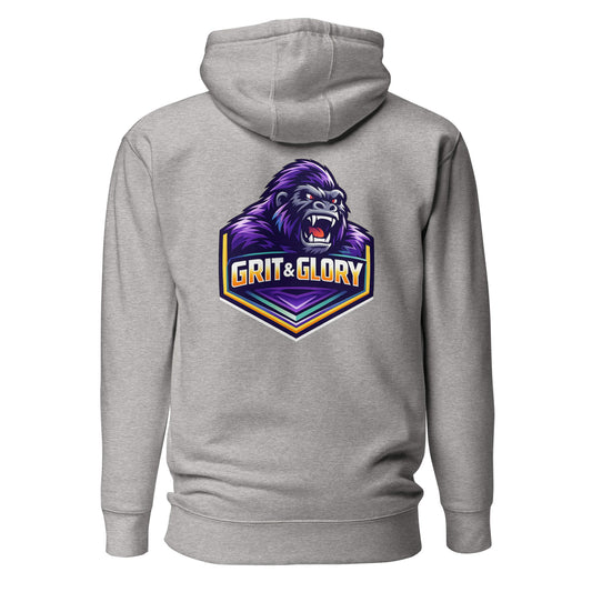 Hoodie GRIT & GLORY gris chiné visuel coloré dos et logo noir face Mindset Ambition
