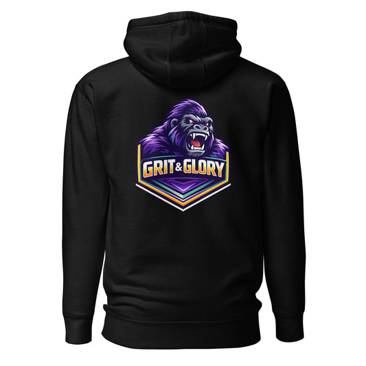 Hoodie GRIT & GLORY noir visuel coloré dos et logo blanc face Mindset Ambition
