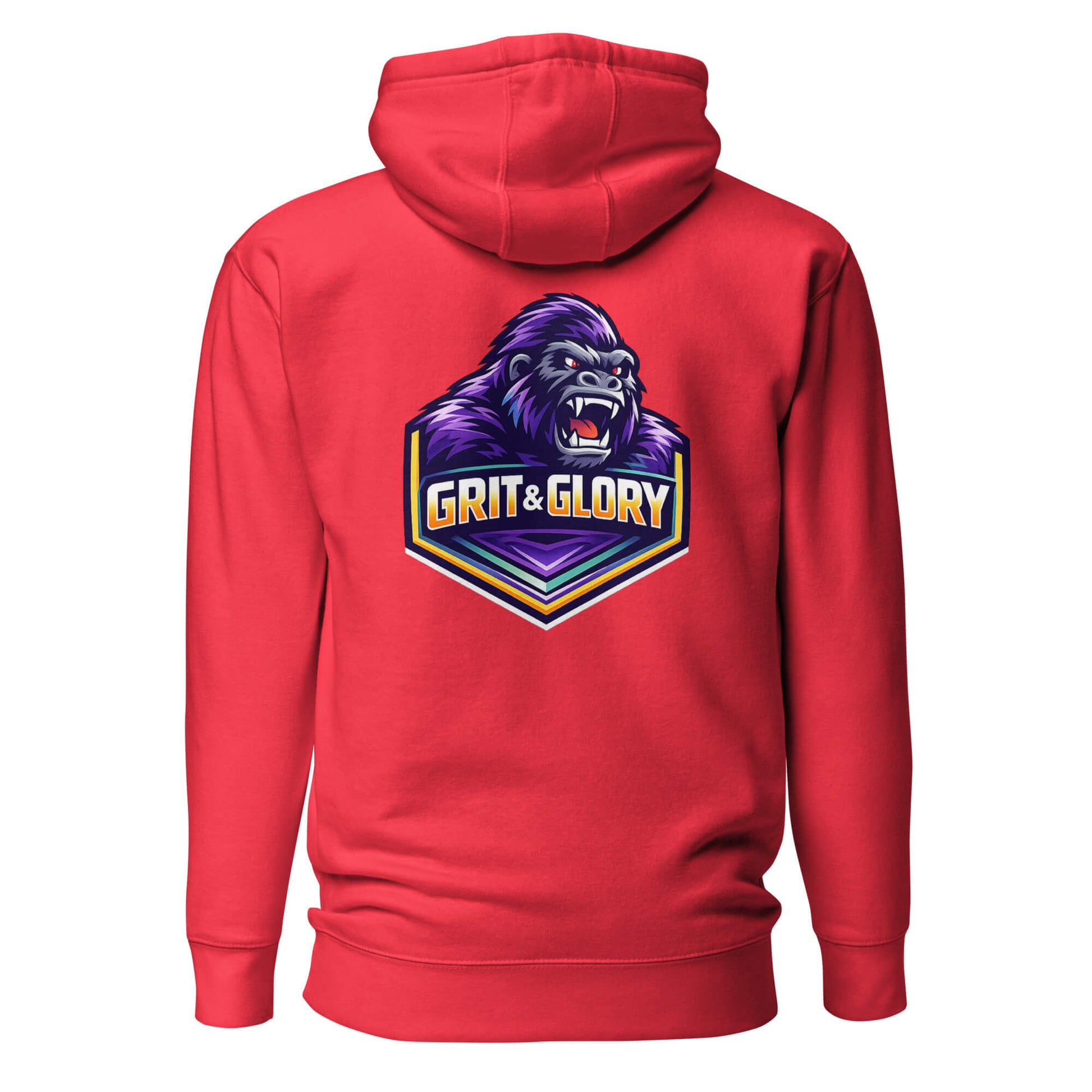 Hoodie GRIT & GLORY rouge visuel coloré dos et logo noir face Mindset Ambition