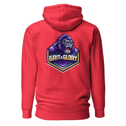 Hoodie GRIT & GLORY rouge visuel coloré dos et logo noir face Mindset Ambition