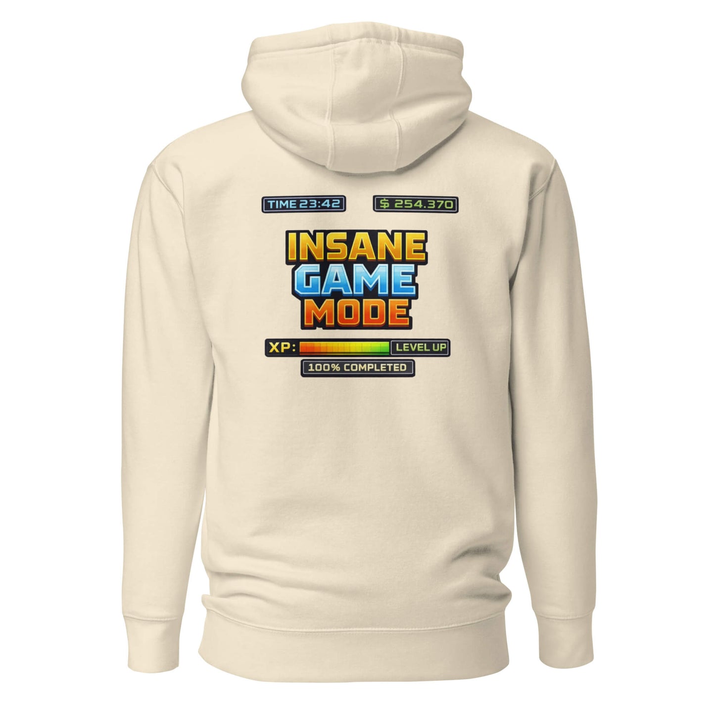 Hoodie INSANE GAME MODE beige visuel coloré dos et logo noir face Mindset Ambition