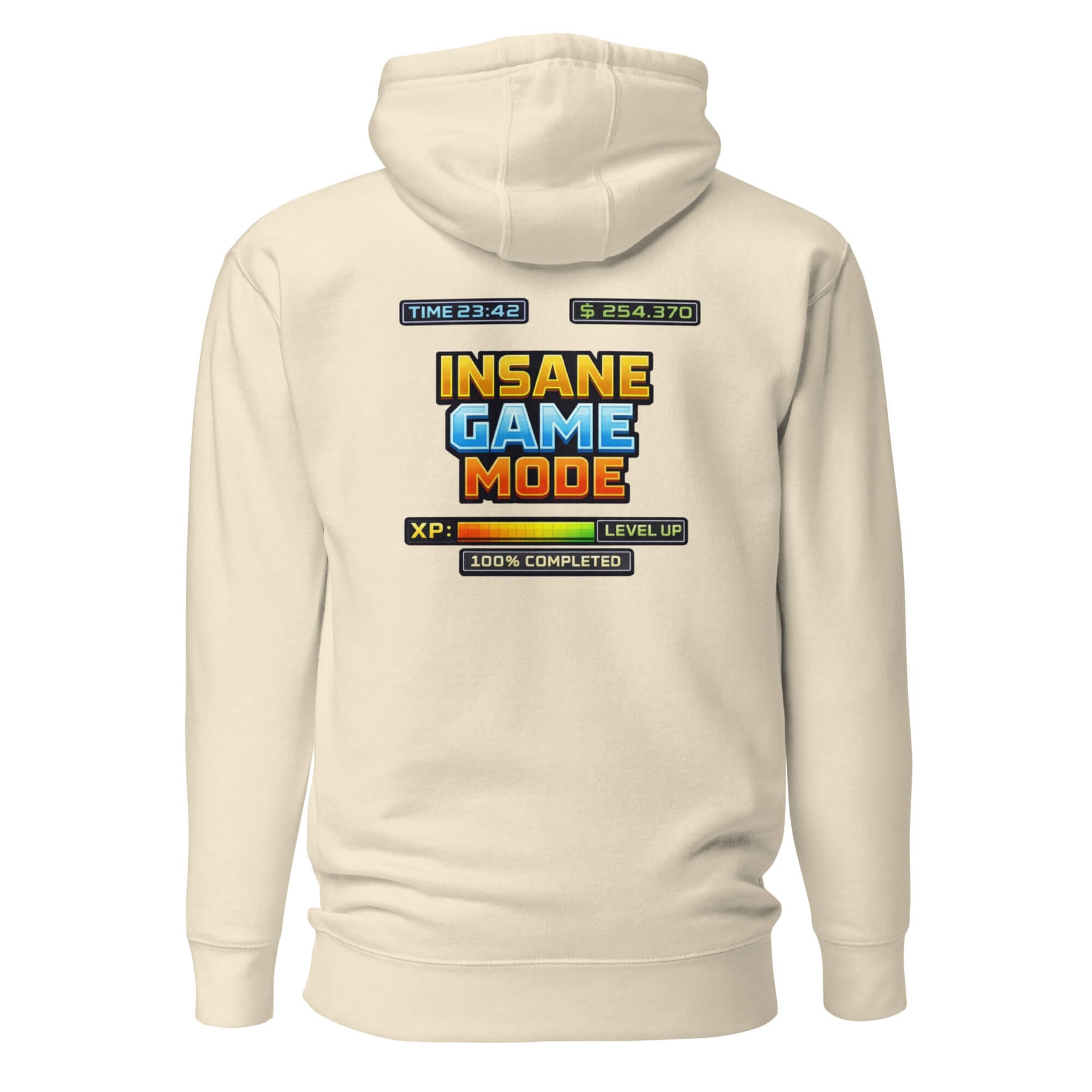Hoodie INSANE GAME MODE beige visuel coloré dos et logo noir face Mindset Ambition