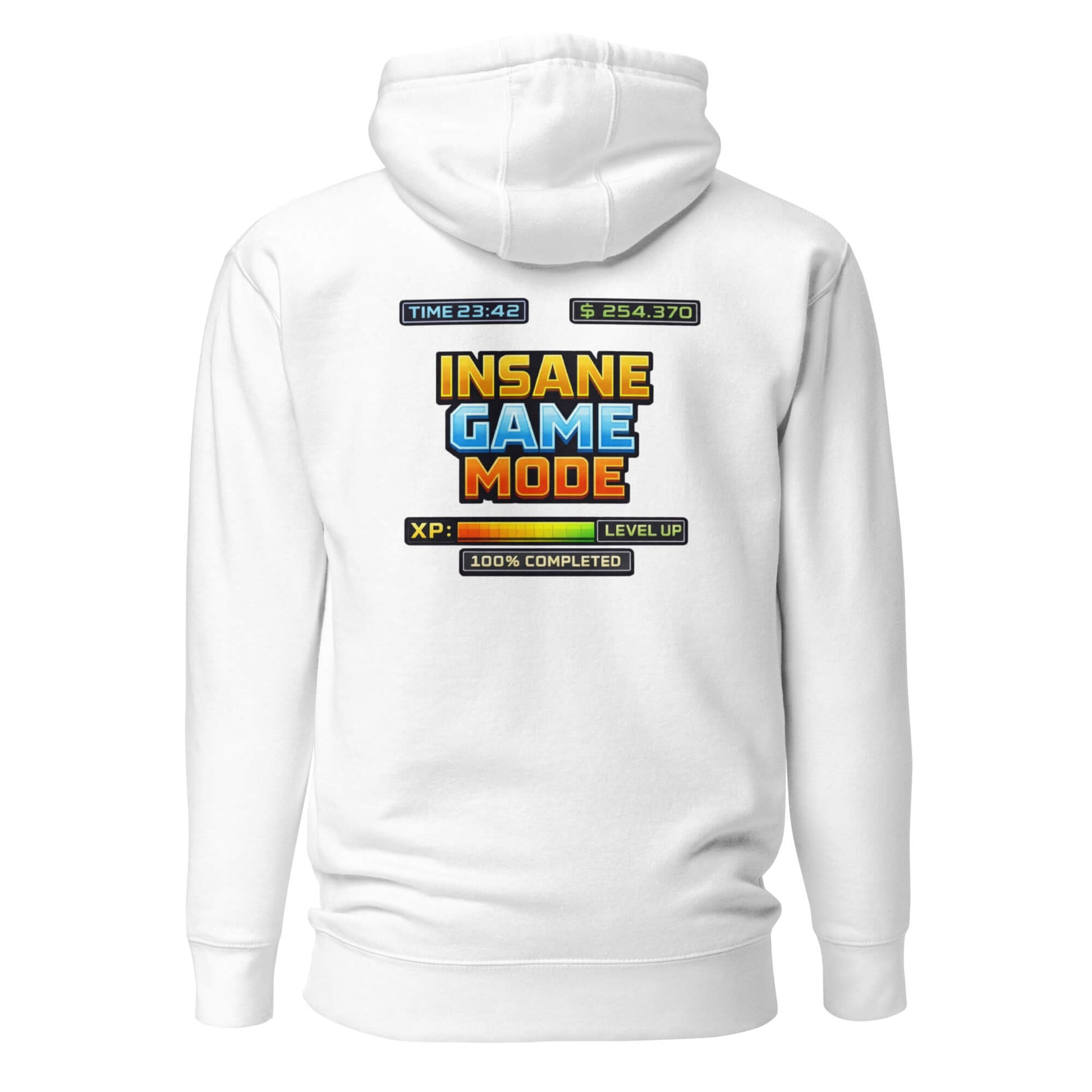 Hoodie INSANE GAME MODE blanc visuel coloré dos et logo noir face Mindset Ambition