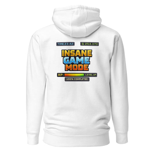 Hoodie INSANE GAME MODE blanc visuel coloré dos et logo noir face Mindset Ambition