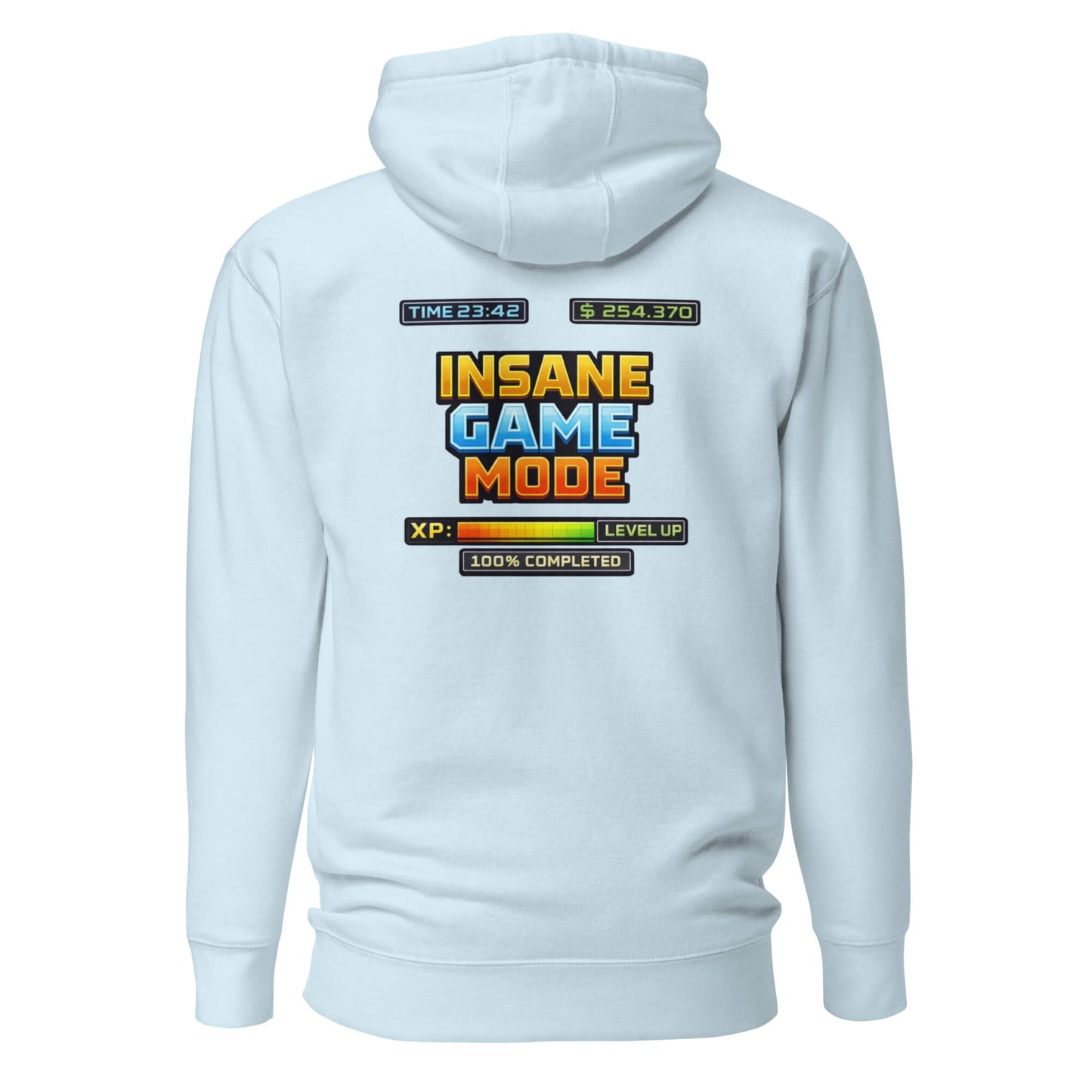 Hoodie INSANE GAME MODE bleu ciel visuel coloré dos et logo noir face Mindset Ambition