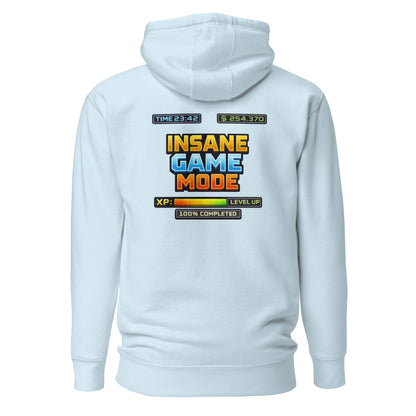 Hoodie INSANE GAME MODE bleu ciel visuel coloré dos et logo noir face Mindset Ambition