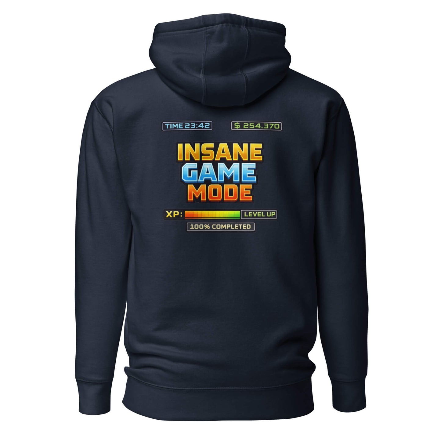 Hoodie INSANE GAME MODE bleu marine visuel coloré dos et logo blanc face Mindset Ambition