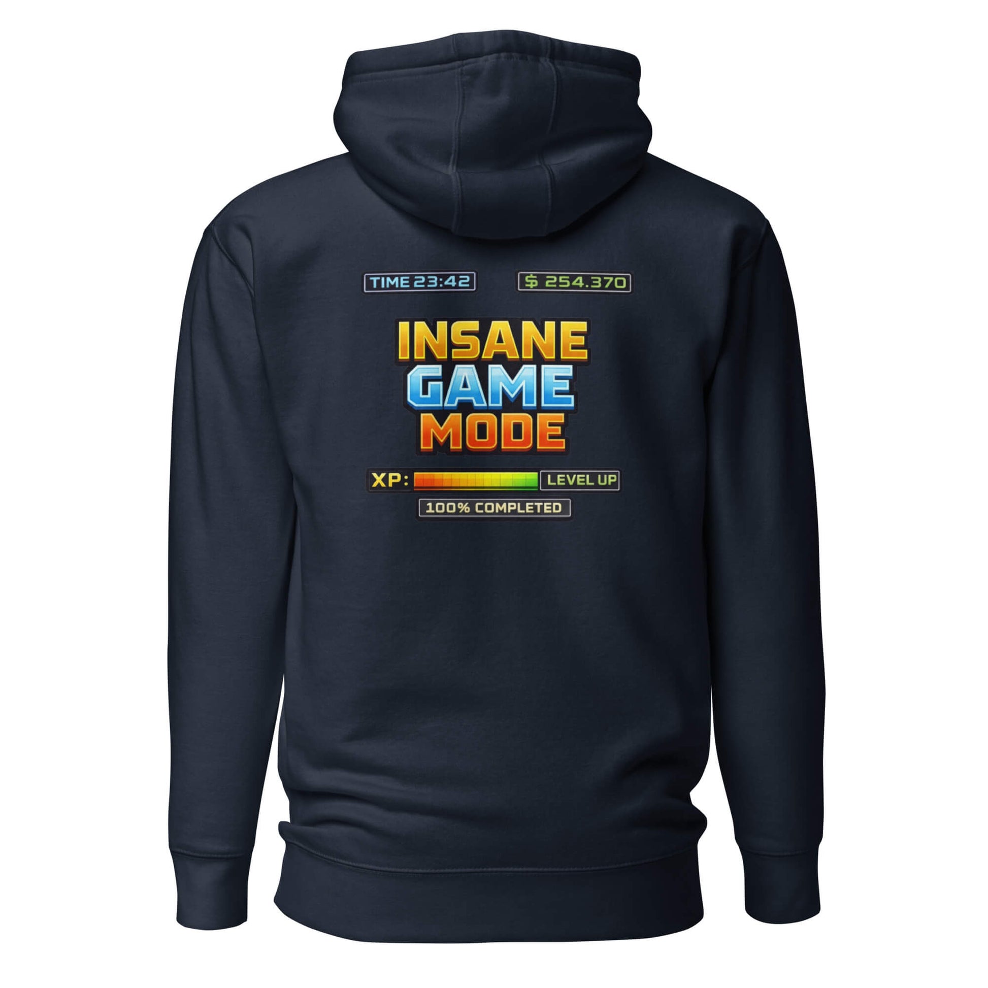 Hoodie INSANE GAME MODE bleu marine visuel coloré dos et logo blanc face Mindset Ambition