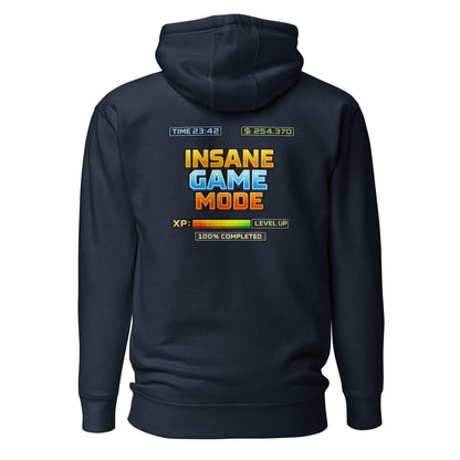 Hoodie INSANE GAME MODE bleu marine visuel coloré dos et logo blanc face Mindset Ambition