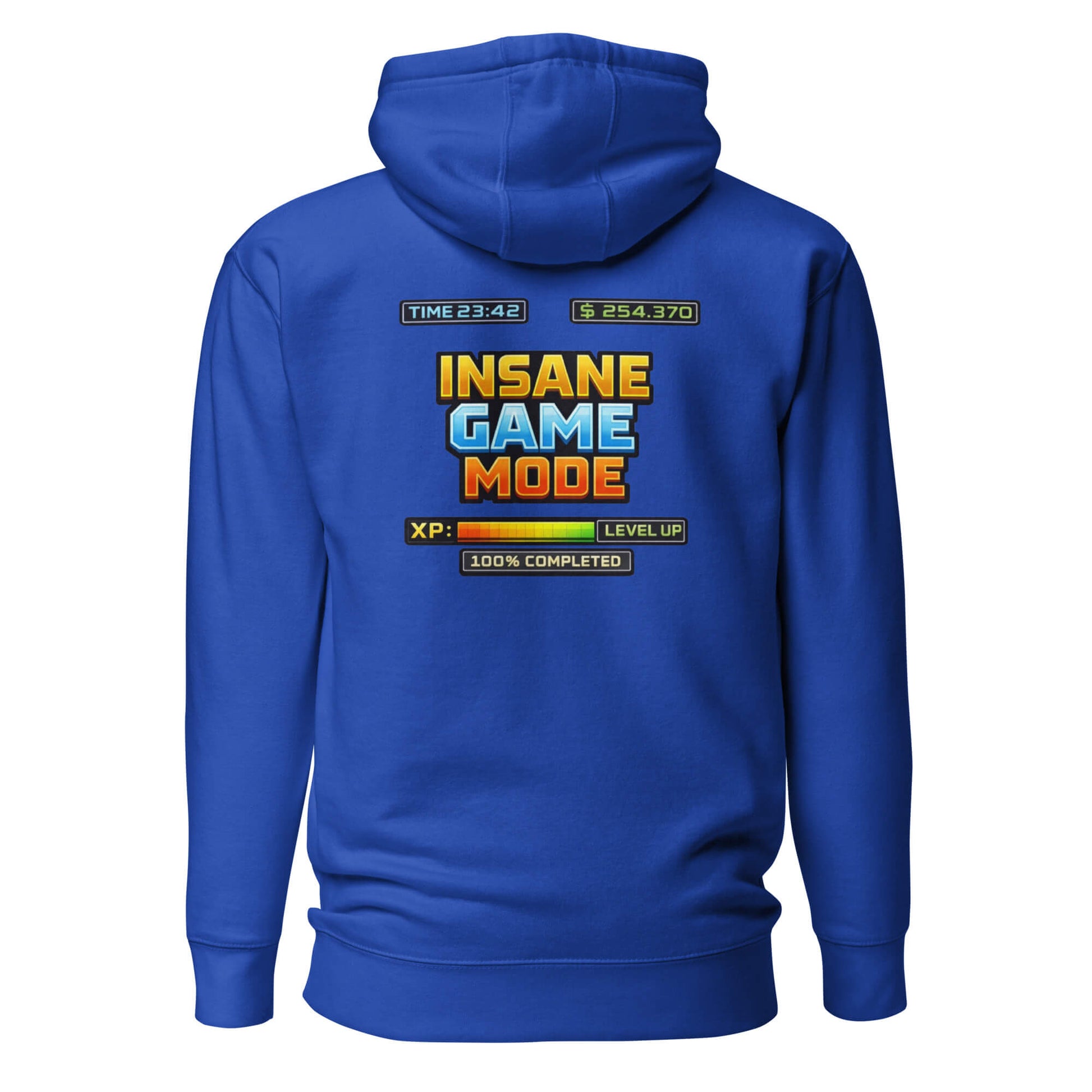 Hoodie INSANE GAME MODE bleu roi visuel coloré dos et logo blanc face Mindset Ambition