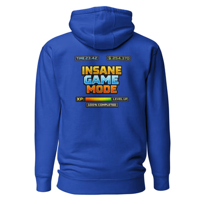 Hoodie INSANE GAME MODE bleu roi visuel coloré dos et logo blanc face Mindset Ambition