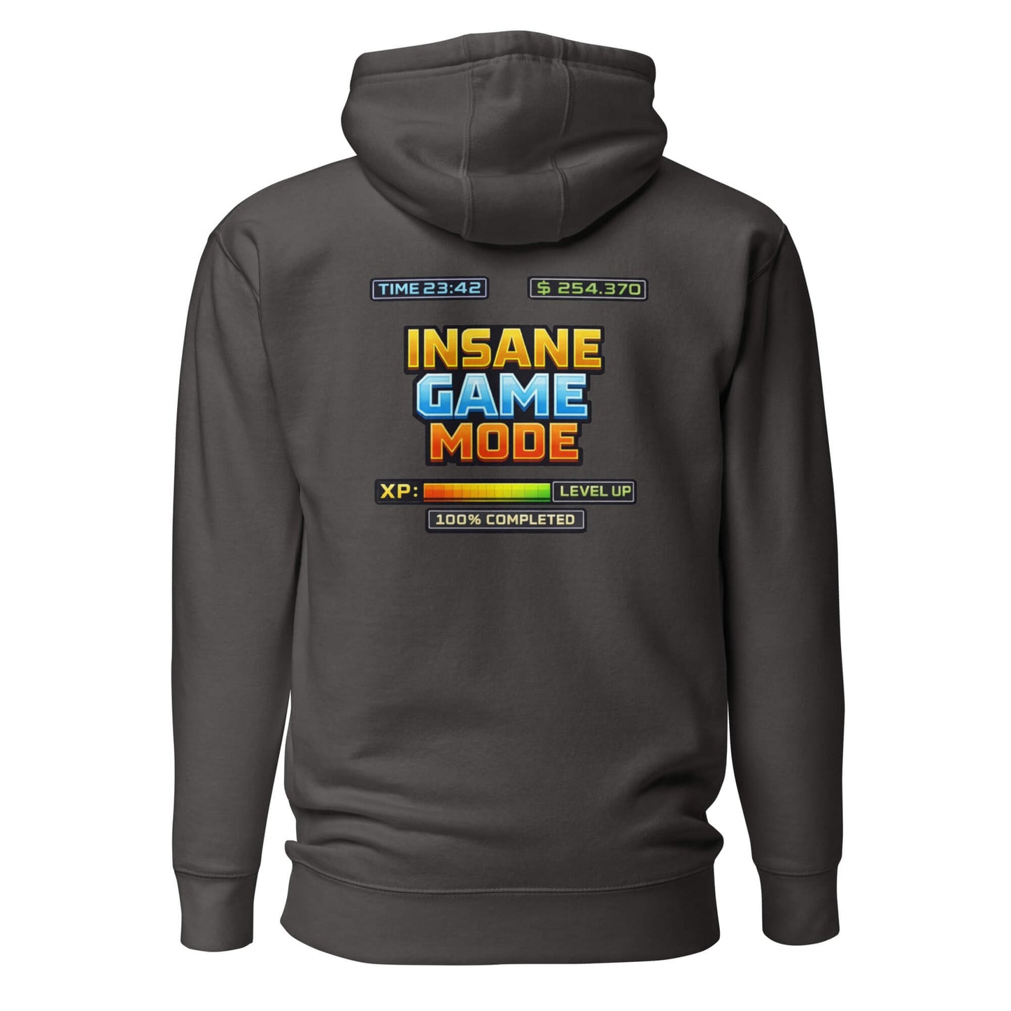 Hoodie INSANE GAME MODE gris anthracite visuel coloré dos et logo blanc face Mindset Ambition