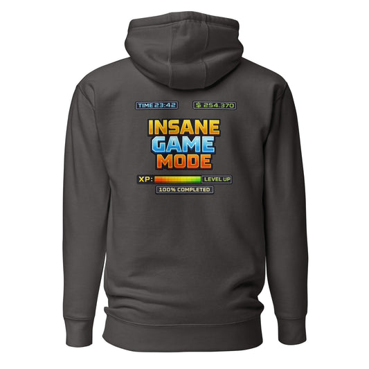 Hoodie INSANE GAME MODE gris anthracite visuel coloré dos et logo blanc face Mindset Ambition