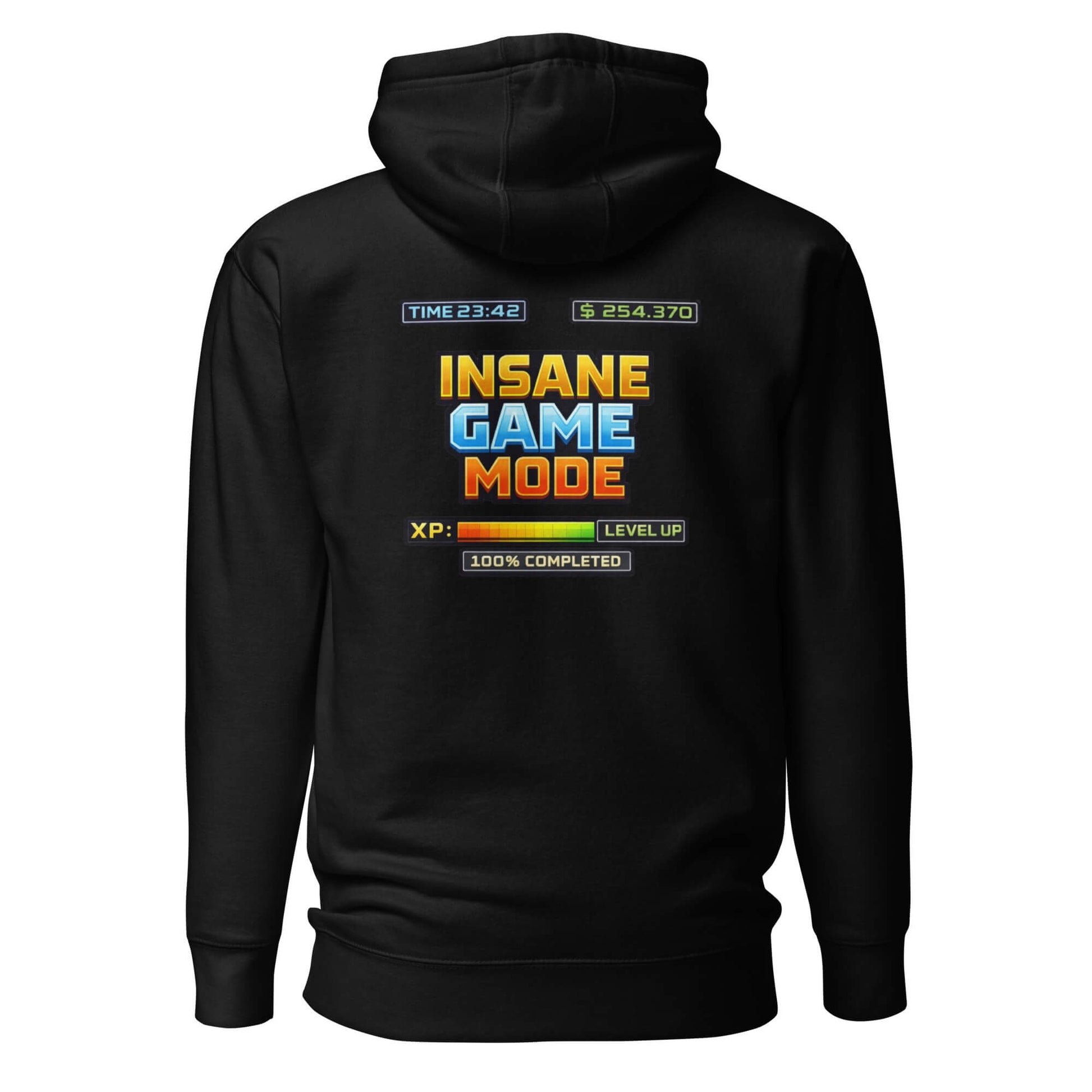 Hoodie INSANE GAME MODE noir visuel coloré dos et logo blanc face Mindset Ambition