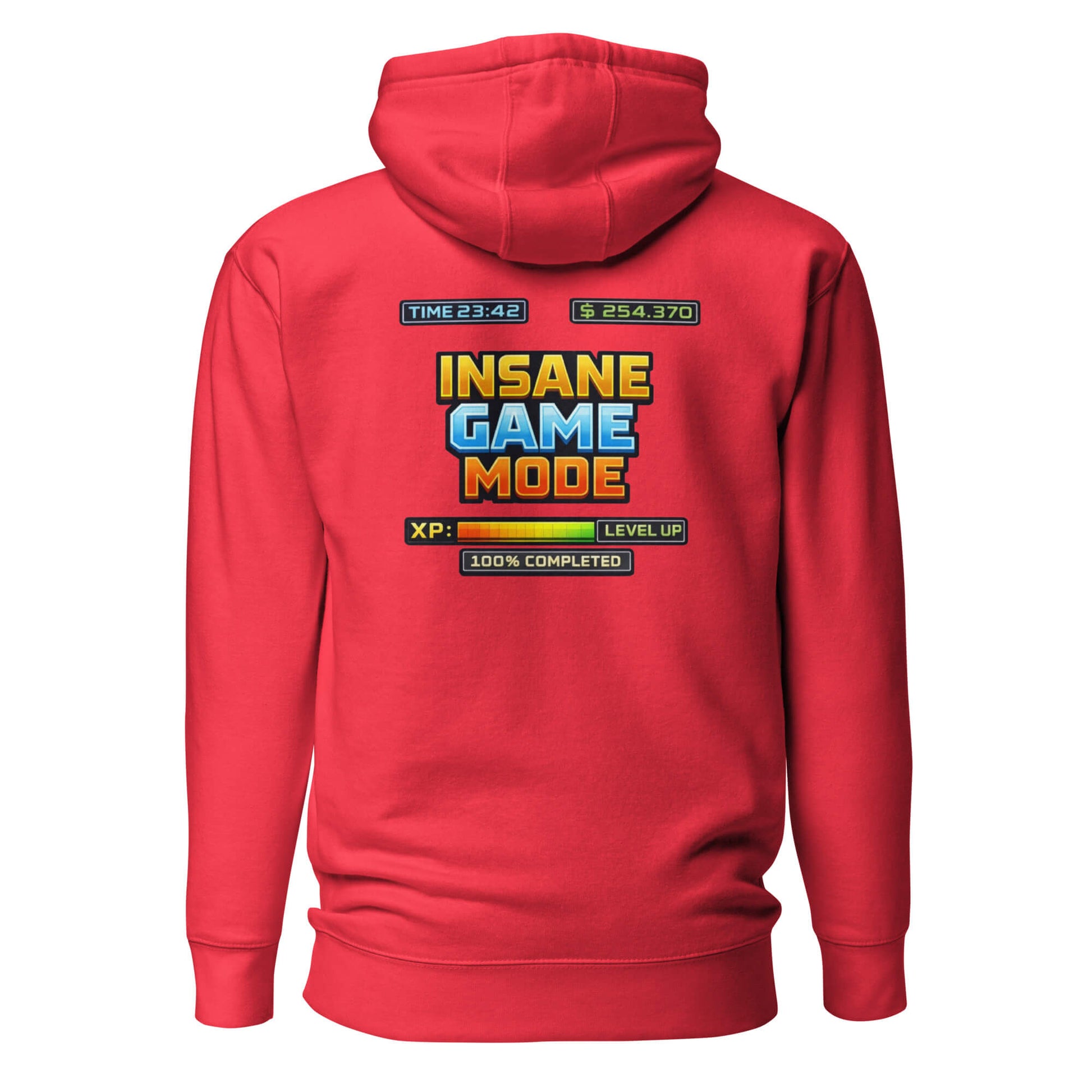 Hoodie INSANE GAME MODE rouge visuel coloré dos et logo noir face Mindset Ambition