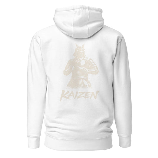 Hoodie Kaizen blanc visuel doré dos et logo doré face Mindset Ambition