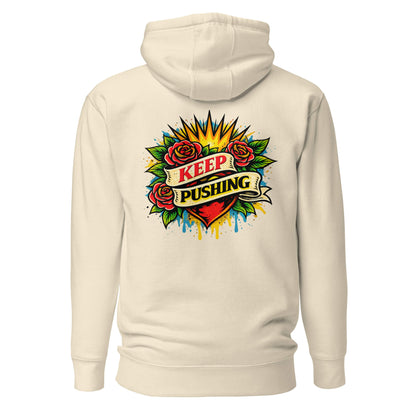 Hoodie KEEP PUSHING beige visuel coloré dos et logo noir face Mindset Ambition
