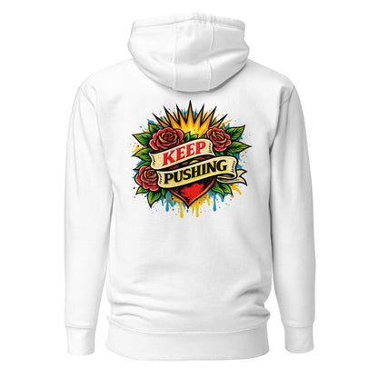 Hoodie KEEP PUSHING blanc visuel coloré dos et logo noir face Mindset Ambition