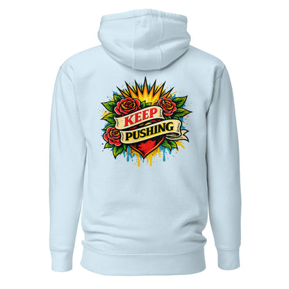Hoodie KEEP PUSHING bleu ciel visuel coloré dos et logo noir face Mindset Ambition