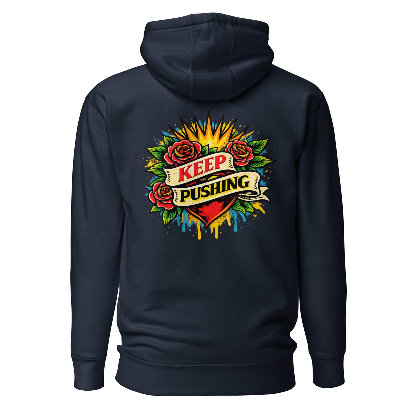 Hoodie KEEP PUSHING bleu marine visuel coloré dos et logo blanc face Mindset Ambition
