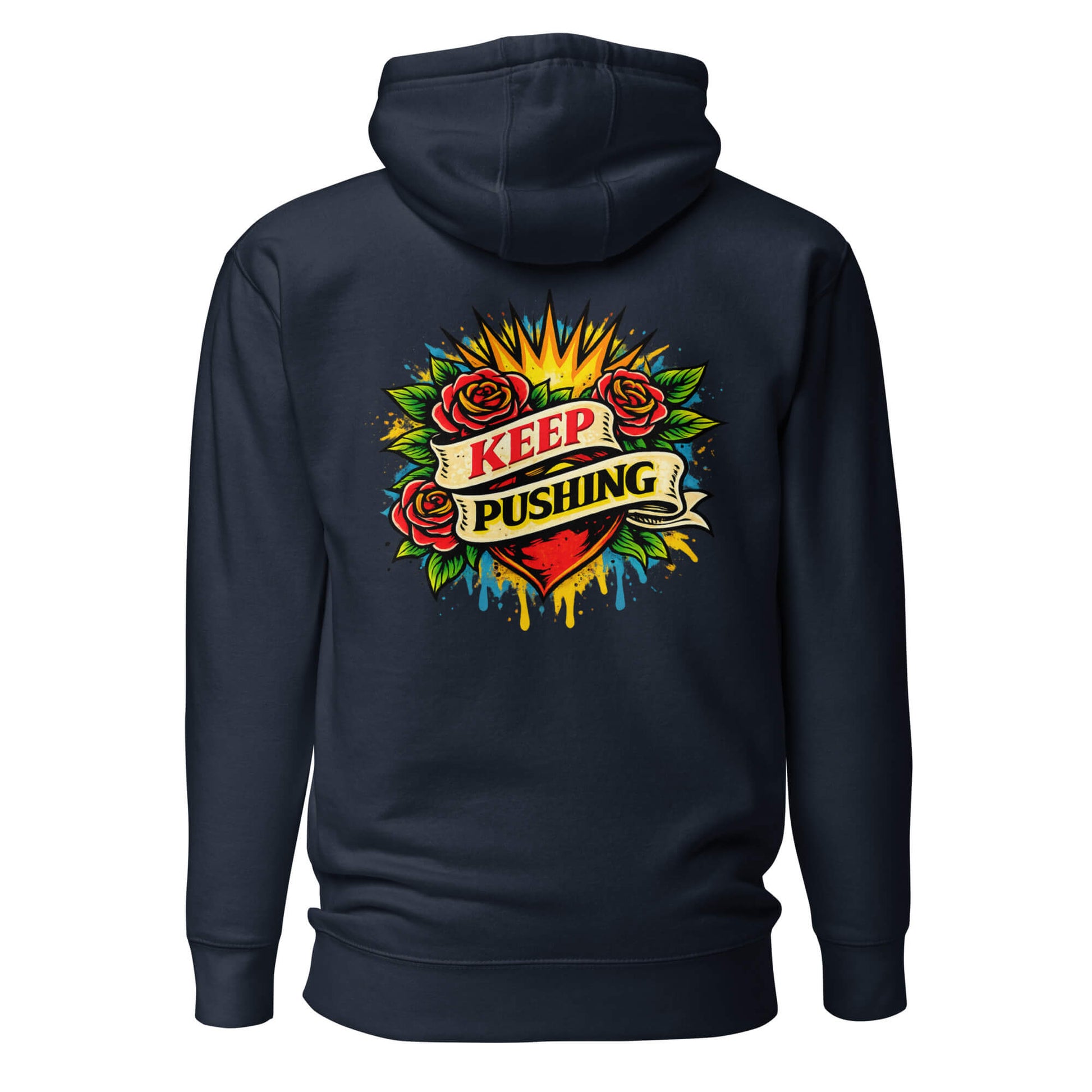 Hoodie KEEP PUSHING bleu marine visuel coloré dos et logo blanc face Mindset Ambition