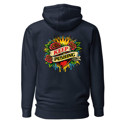 Hoodie KEEP PUSHING bleu marine visuel coloré dos et logo blanc face Mindset Ambition