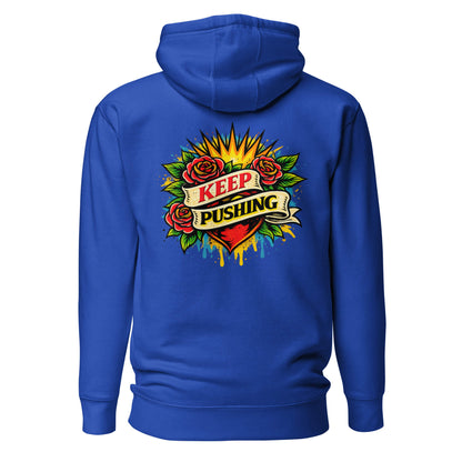 Hoodie KEEP PUSHING bleu roi visuel coloré dos et logo blanc face Mindset Ambition