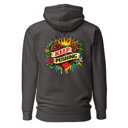 Hoodie KEEP PUSHING gris anthracite visuel coloré dos et logo blanc face Mindset Ambition