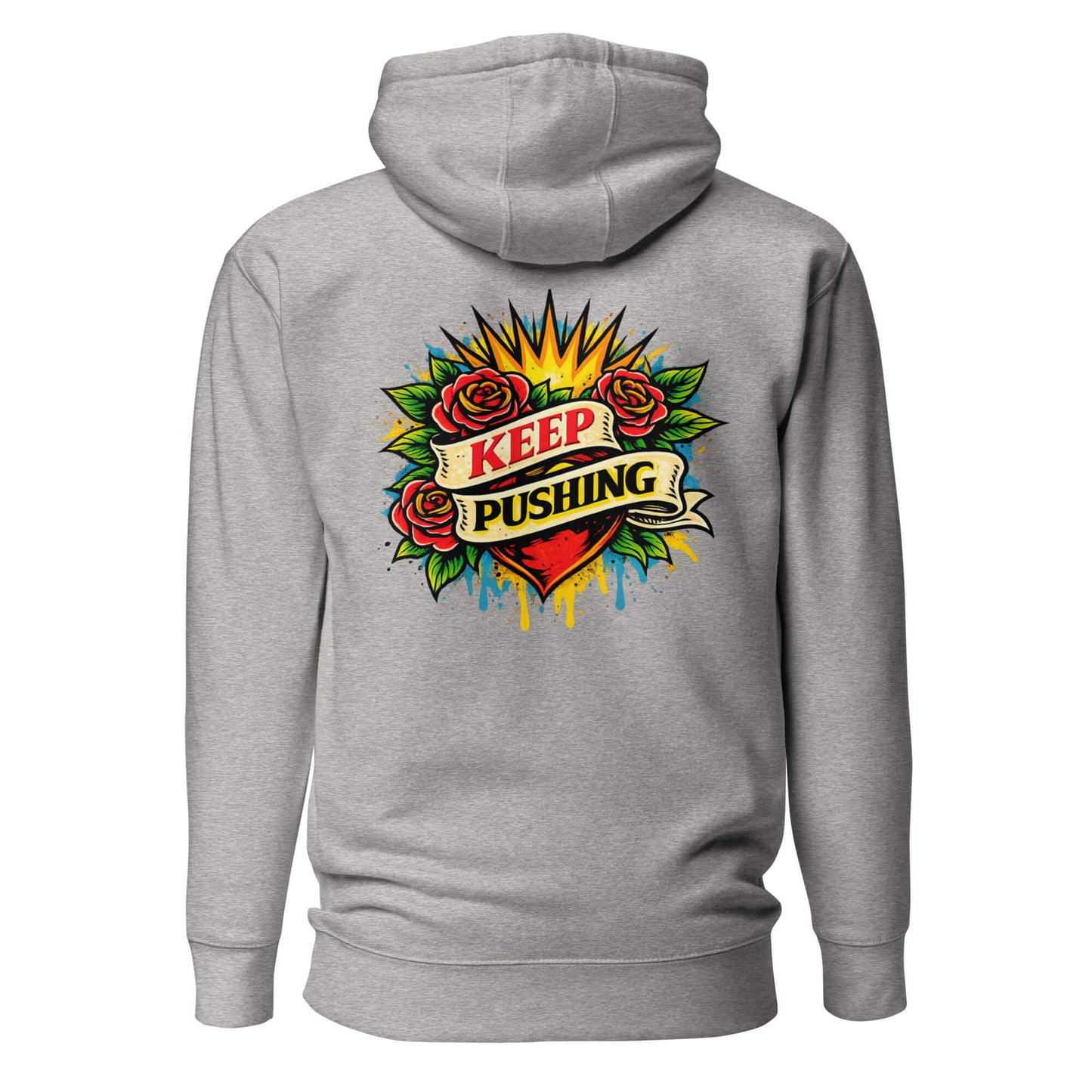 Hoodie KEEP PUSHING gris chiné visuel coloré dos et logo noir face Mindset Ambition