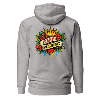 Hoodie KEEP PUSHING gris chiné visuel coloré dos et logo noir face Mindset Ambition