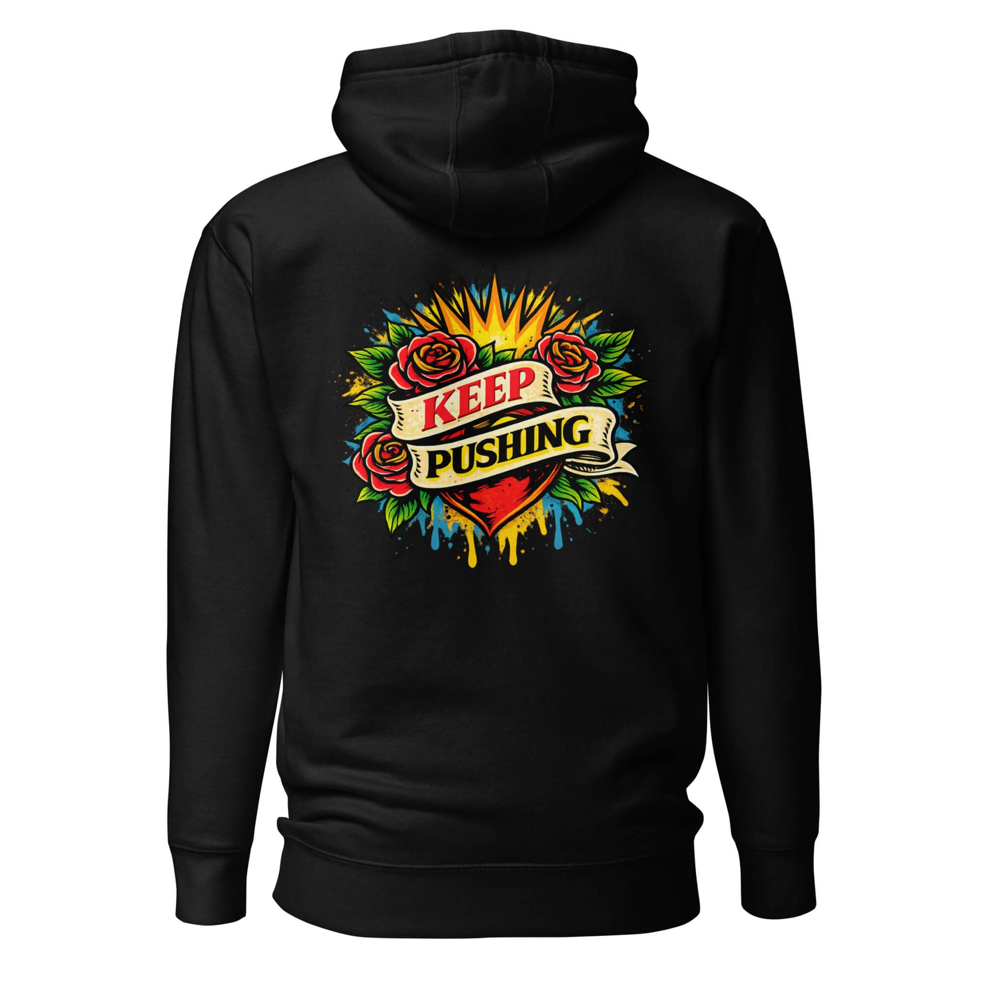Hoodie KEEP PUSHING noir visuel coloré dos et logo blanc face Mindset Ambition