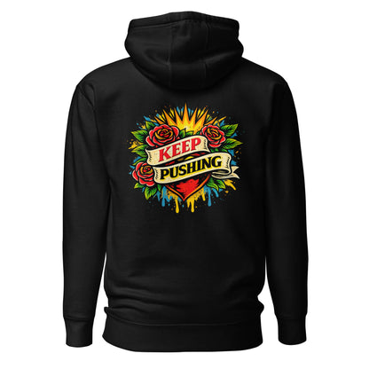 Hoodie KEEP PUSHING noir visuel coloré dos et logo blanc face Mindset Ambition