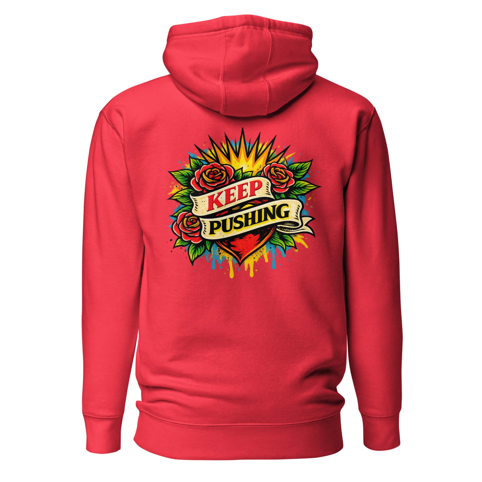 Hoodie KEEP PUSHING rouge visuel coloré dos et logo noir face Mindset Ambition