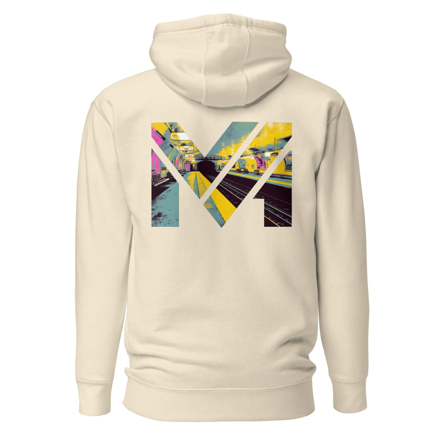 Hoodie LAST TRAIN MENTALITY beige visuel coloré dos et logo noir face Mindset Ambition