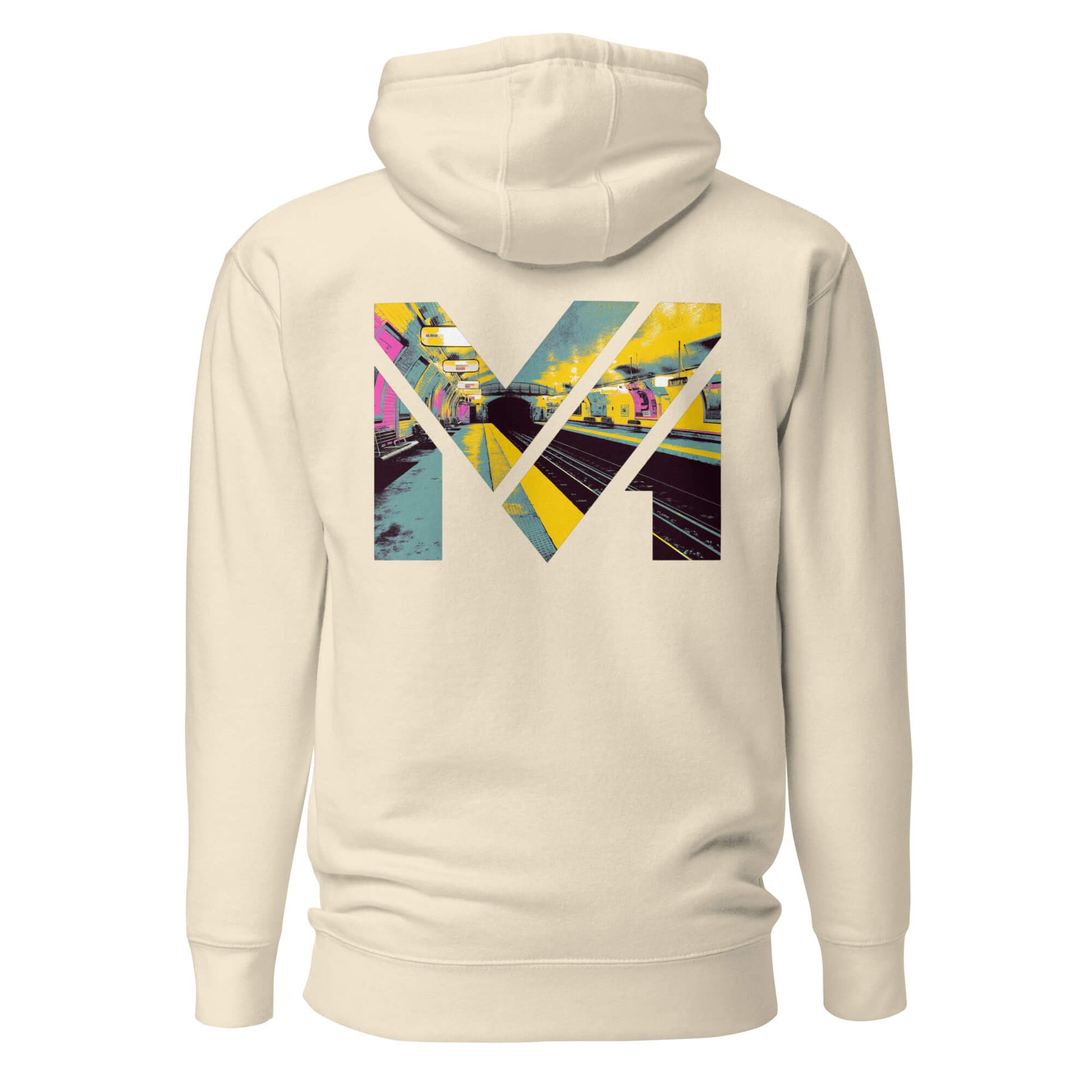 Hoodie LAST TRAIN MENTALITY beige visuel coloré dos et logo noir face Mindset Ambition
