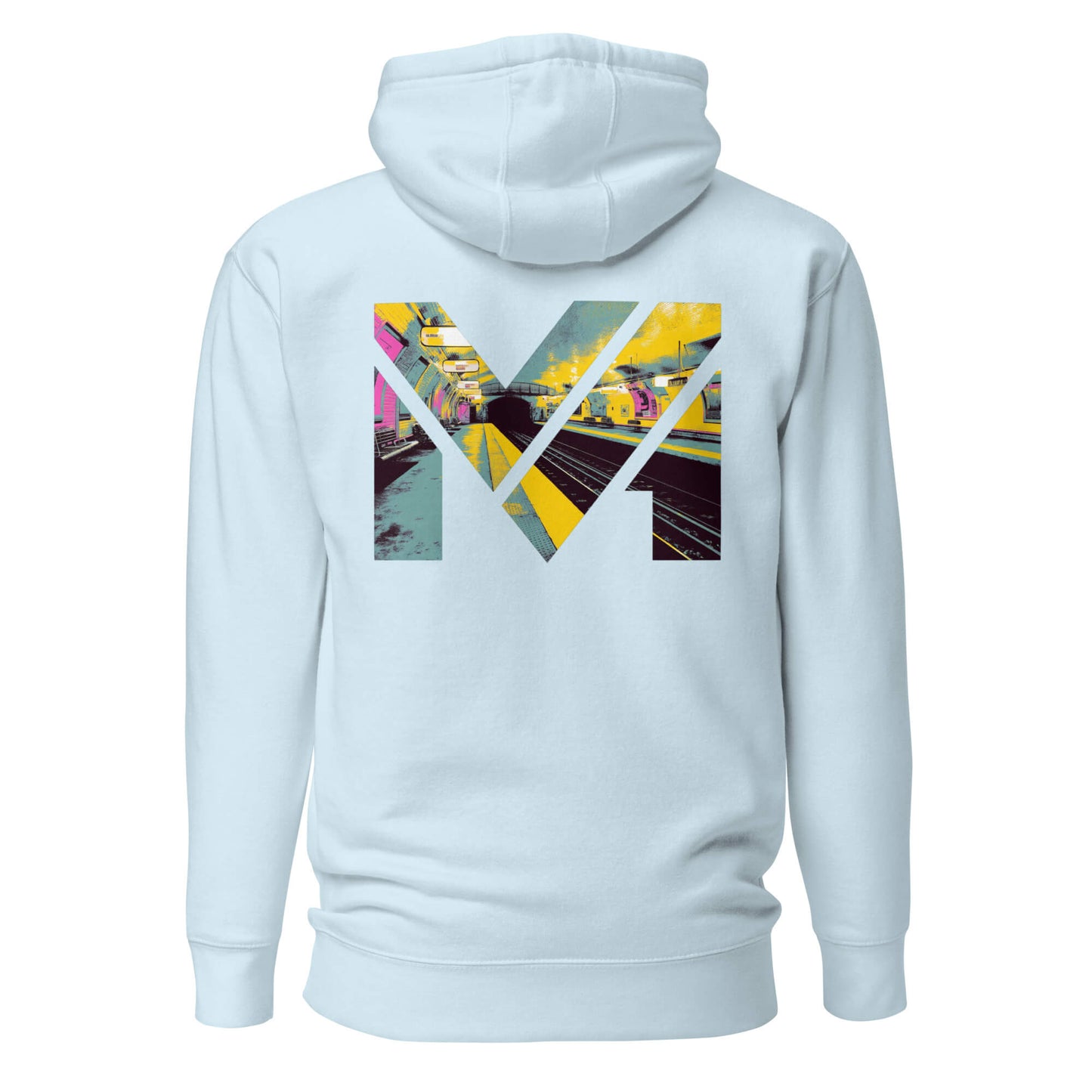 Hoodie LAST TRAIN MENTALITY bleu ciel visuel coloré dos et logo noir face Mindset Ambition