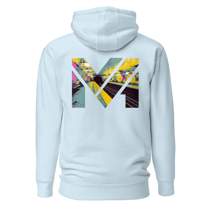 Hoodie LAST TRAIN MENTALITY bleu ciel visuel coloré dos et logo noir face Mindset Ambition