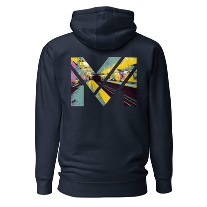 Hoodie LAST TRAIN MENTALITY bleu marine visuel coloré dos et logo blanc face Mindset Ambition