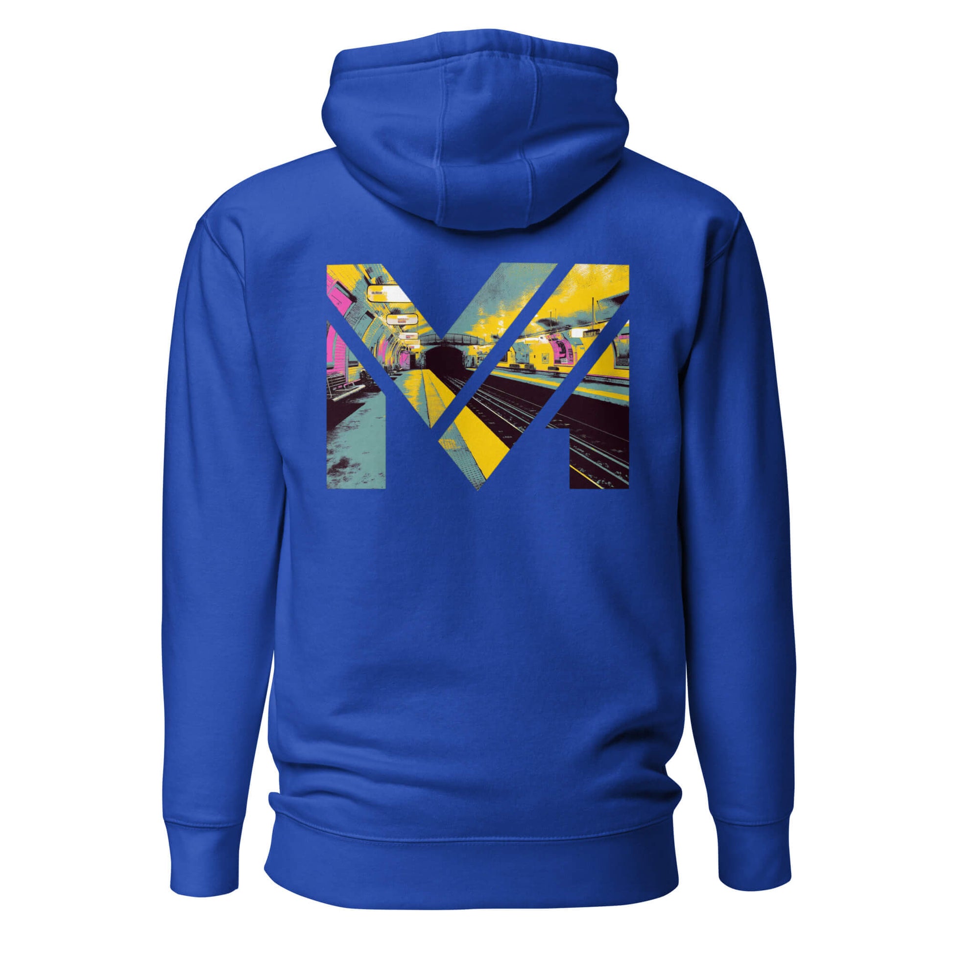 Hoodie LAST TRAIN MENTALITY bleu roi visuel coloré dos et logo blanc face Mindset Ambition