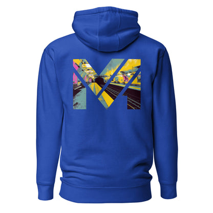 Hoodie LAST TRAIN MENTALITY bleu roi visuel coloré dos et logo blanc face Mindset Ambition