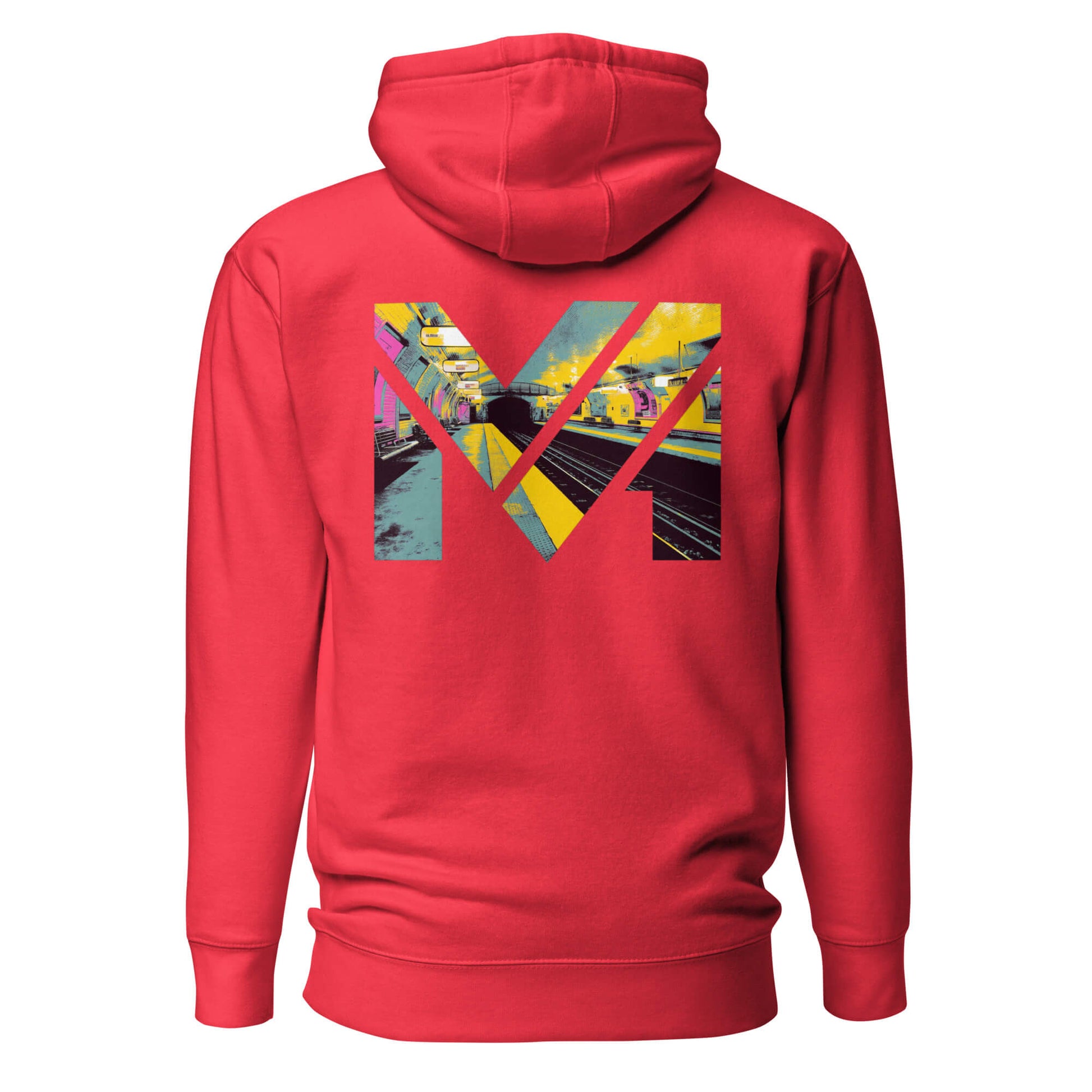 Hoodie LAST TRAIN MENTALITY rouge visuel coloré dos et logo noir face Mindset Ambition