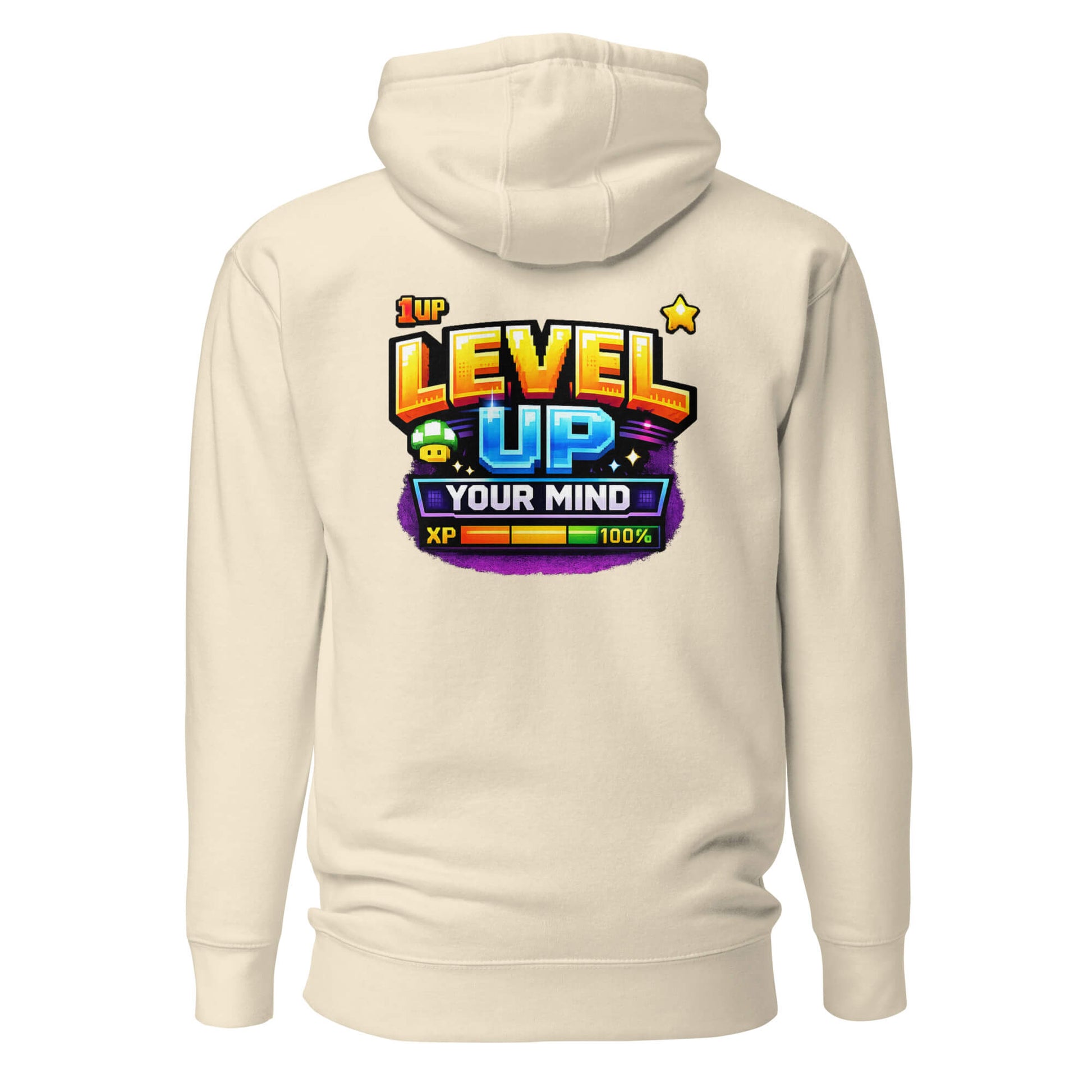 Hoodie LEVEL UP YOUR MIND beige visuel coloré dos et logo noir face Mindset Ambition